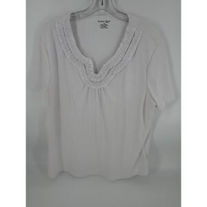 Madison Taylor Woman 1X White Short Sleeve Top Ruffle Neckline Blouse